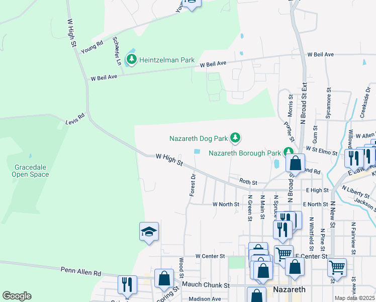 map of restaurants, bars, coffee shops, grocery stores, and more near 412 W High St in Nazareth