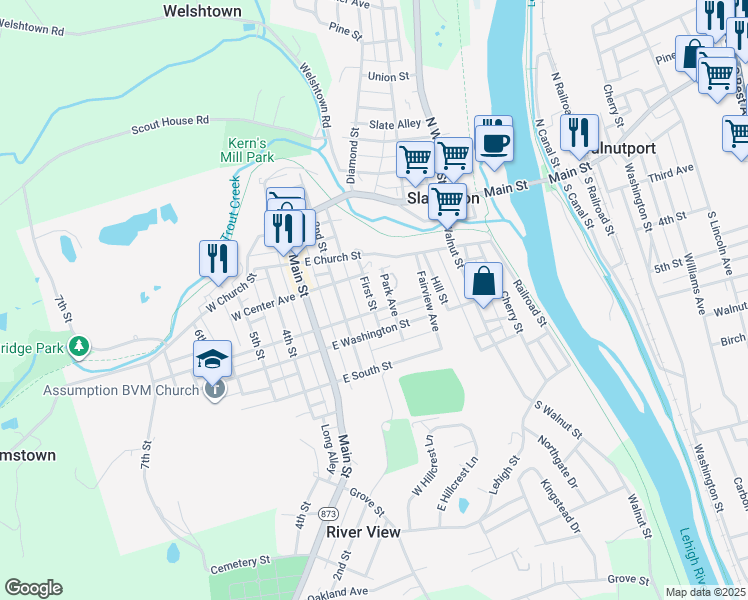 map of restaurants, bars, coffee shops, grocery stores, and more near 349 First Street in Slatington