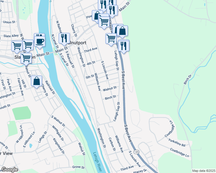 map of restaurants, bars, coffee shops, grocery stores, and more near 606 South Lincoln Avenue in Walnutport