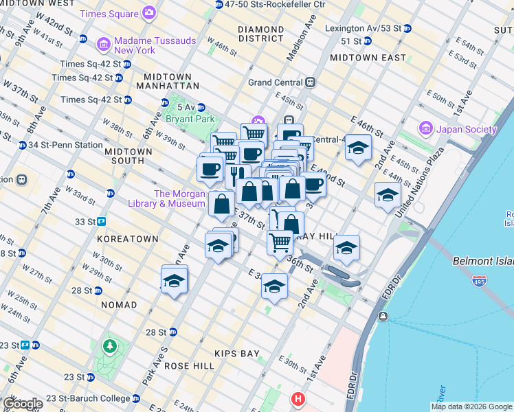 map of restaurants, bars, coffee shops, grocery stores, and more near 110 East 38th Street in New York