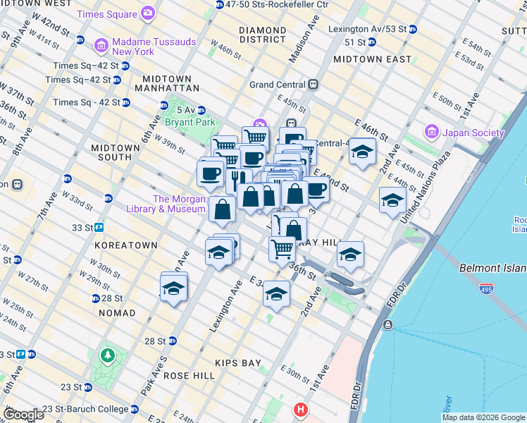 map of restaurants, bars, coffee shops, grocery stores, and more near 126 East 38th Street in New York