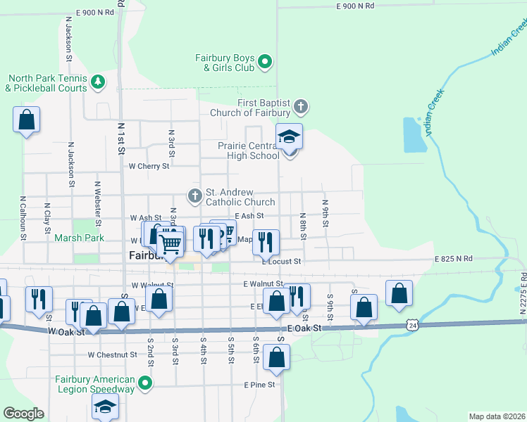 map of restaurants, bars, coffee shops, grocery stores, and more near 409 East Ash Street in Fairbury