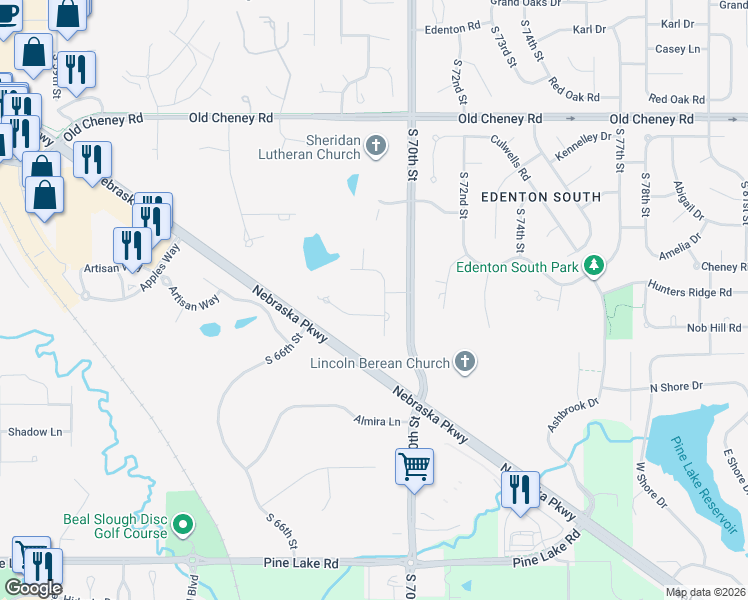 map of restaurants, bars, coffee shops, grocery stores, and more near 6201 South 69th Street in Lincoln