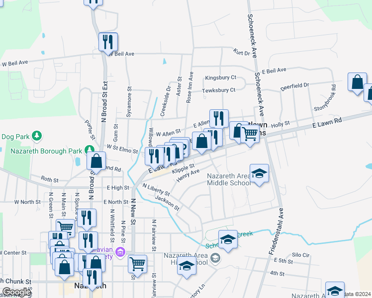 map of restaurants, bars, coffee shops, grocery stores, and more near 40 Rose Inn Avenue in Nazareth