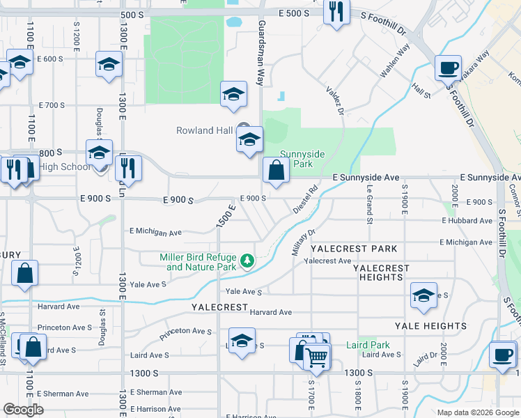 map of restaurants, bars, coffee shops, grocery stores, and more near 935 South 1580 East in Salt Lake City