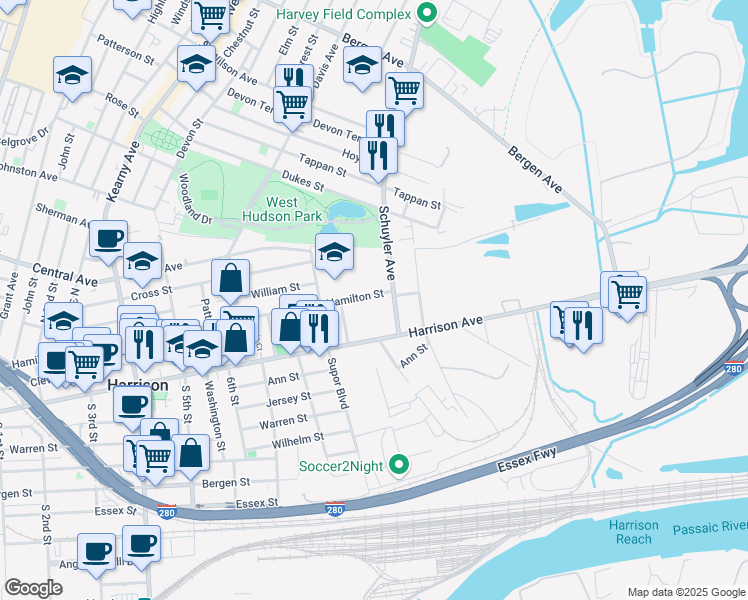 map of restaurants, bars, coffee shops, grocery stores, and more near 801-815 Harrison Avenue in Harrison