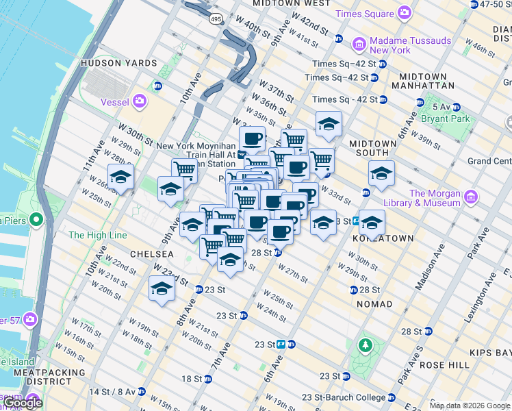 map of restaurants, bars, coffee shops, grocery stores, and more near in New York
