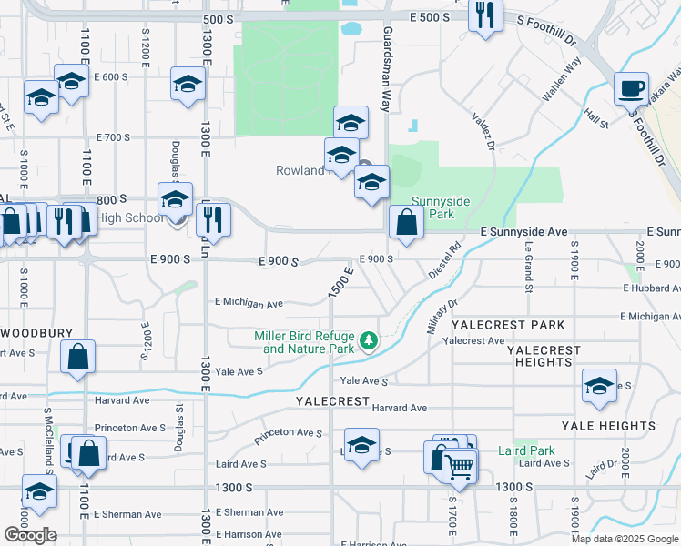 map of restaurants, bars, coffee shops, grocery stores, and more near 928 South 1500 East in Salt Lake City