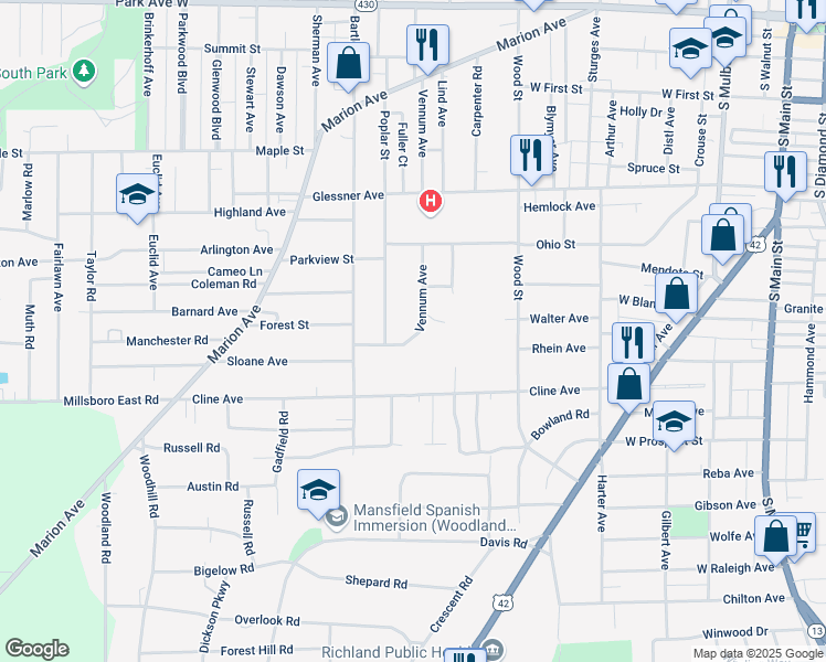 map of restaurants, bars, coffee shops, grocery stores, and more near 376 Sloane Avenue in Mansfield