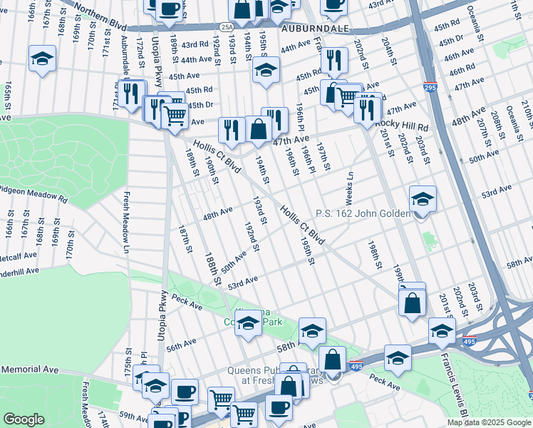 map of restaurants, bars, coffee shops, grocery stores, and more near 48-34 193rd Street in Queens