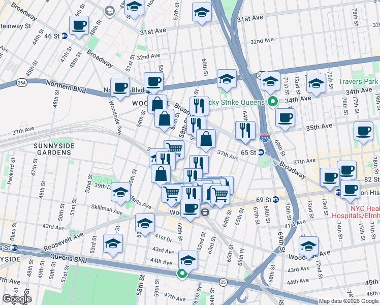 map of restaurants, bars, coffee shops, grocery stores, and more near 37-27 59th Street in Queens