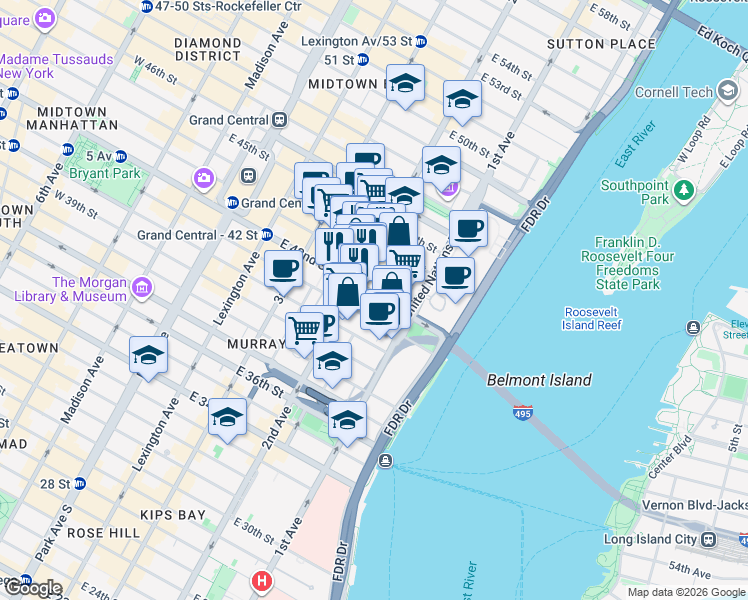 map of restaurants, bars, coffee shops, grocery stores, and more near in New York