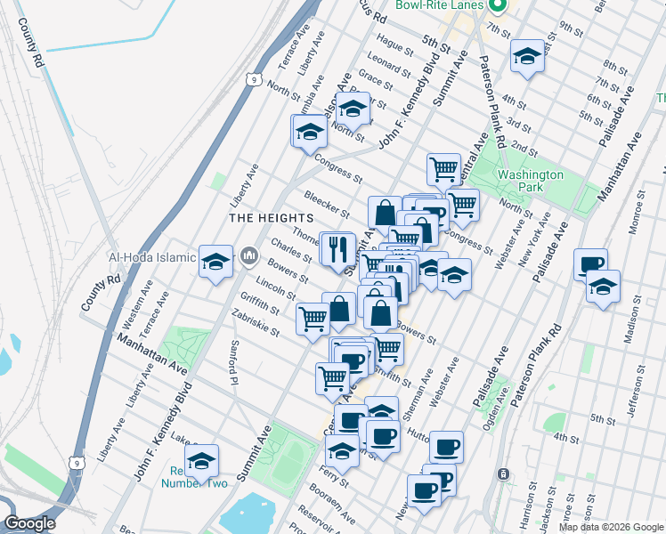 map of restaurants, bars, coffee shops, grocery stores, and more near 1009 Summit Avenue in Jersey City
