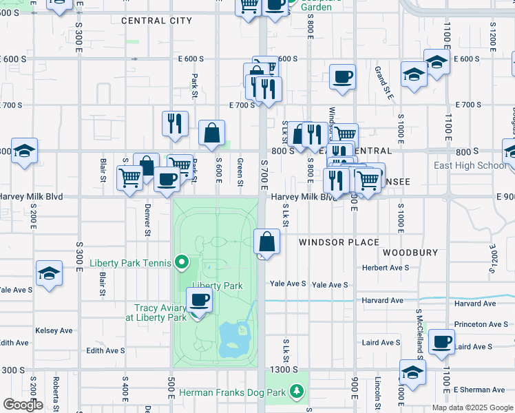 map of restaurants, bars, coffee shops, grocery stores, and more near 900 South 700 East in Salt Lake City