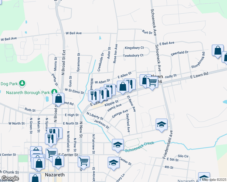 map of restaurants, bars, coffee shops, grocery stores, and more near 40 Rose Inn Avenue in Nazareth
