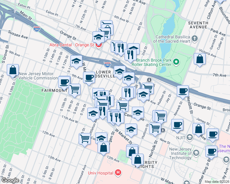 map of restaurants, bars, coffee shops, grocery stores, and more near 40 1/2 3rd Street in Newark