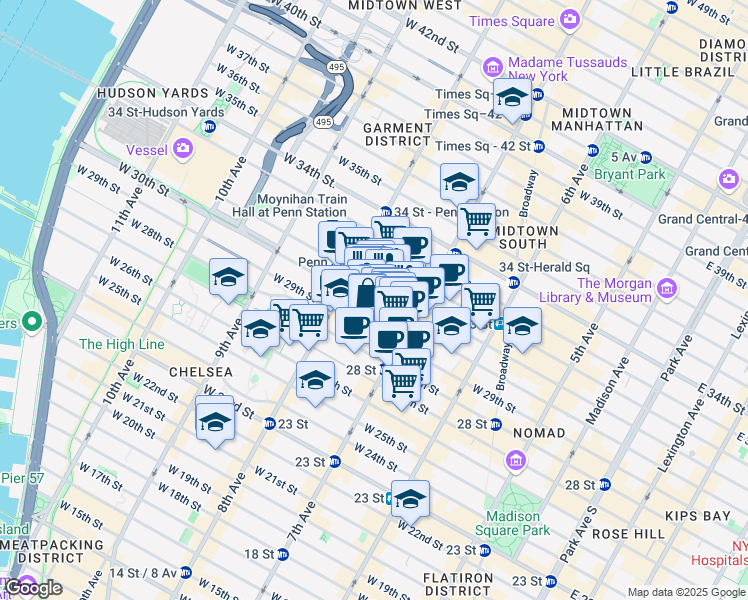map of restaurants, bars, coffee shops, grocery stores, and more near 222w West 30th Street in New York