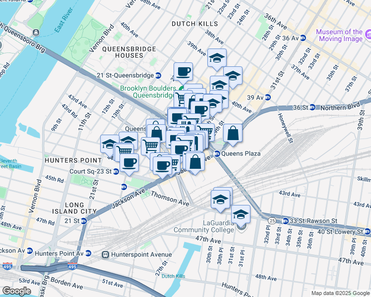 map of restaurants, bars, coffee shops, grocery stores, and more near 28-03 Jackson Avenue in Queens