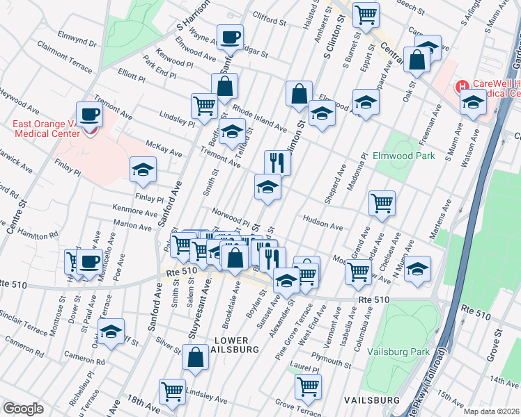 map of restaurants, bars, coffee shops, grocery stores, and more near 507 South Clinton Street in East Orange