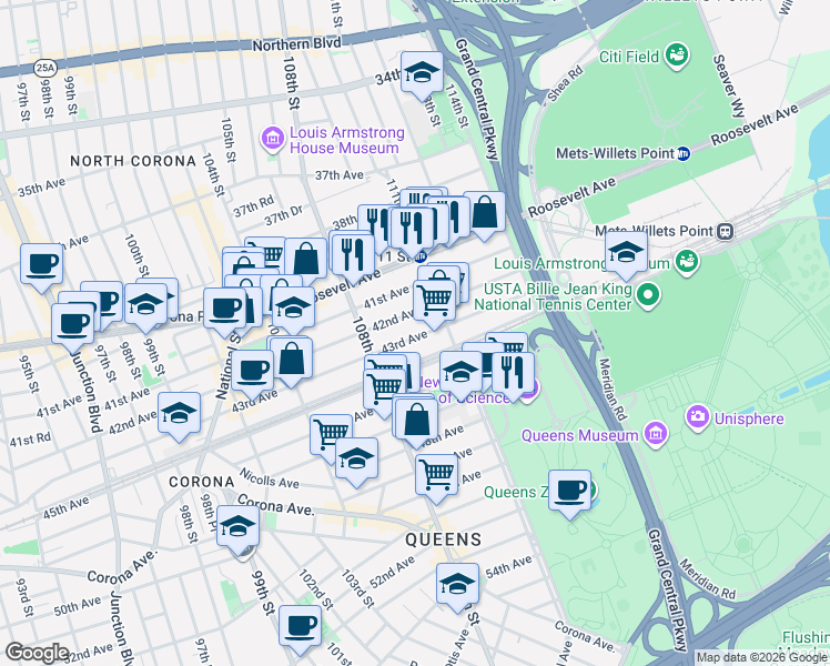 map of restaurants, bars, coffee shops, grocery stores, and more near 108-57 44th Avenue in Queens