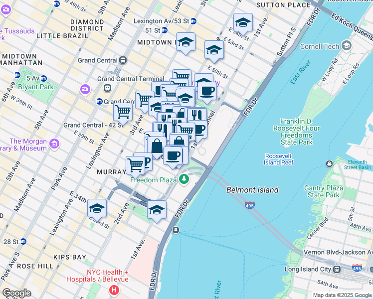 map of restaurants, bars, coffee shops, grocery stores, and more near 45 Tudor City Place in New York