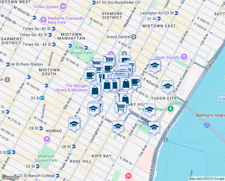map of restaurants, bars, coffee shops, grocery stores, and more near 105 East 37th Street in New York