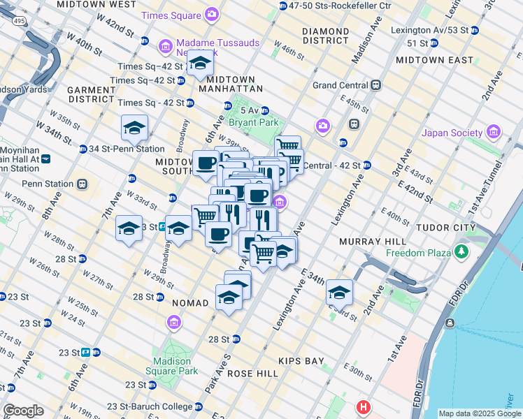 map of restaurants, bars, coffee shops, grocery stores, and more near 200 Madison Avenue in New York