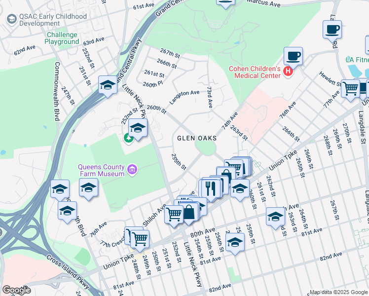 map of restaurants, bars, coffee shops, grocery stores, and more near 255-27 74th Avenue in Queens