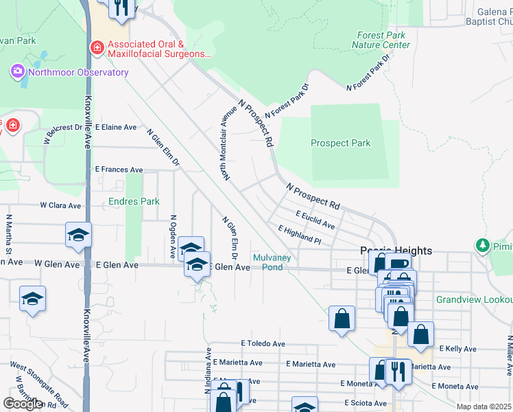 map of restaurants, bars, coffee shops, grocery stores, and more near 5124 North Montclair Avenue in Peoria Heights