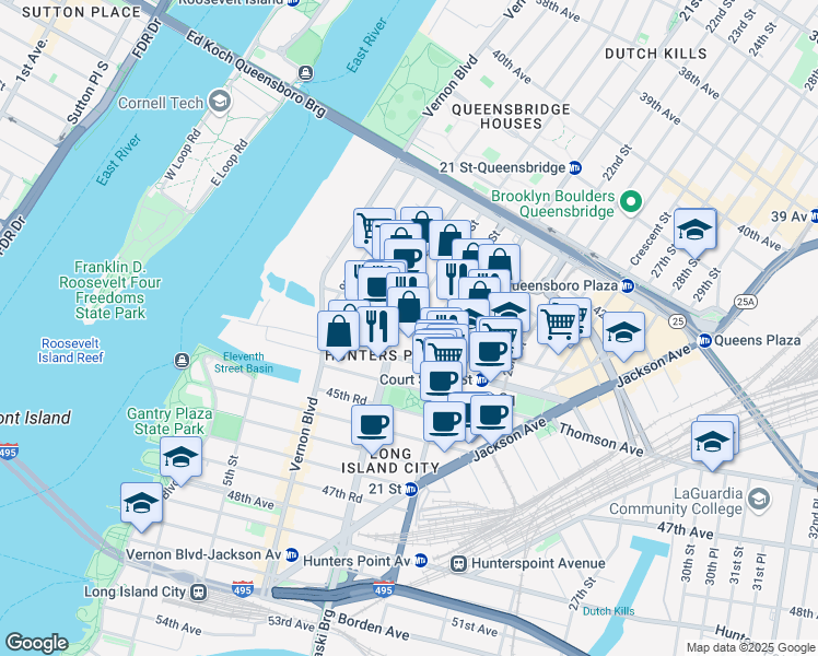 map of restaurants, bars, coffee shops, grocery stores, and more near 11-22 44th Road in Queens