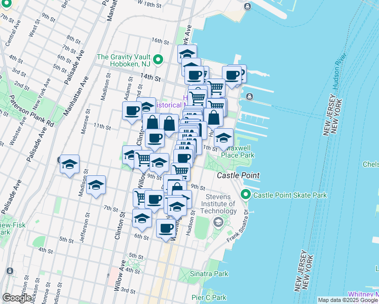 map of restaurants, bars, coffee shops, grocery stores, and more near in Hoboken