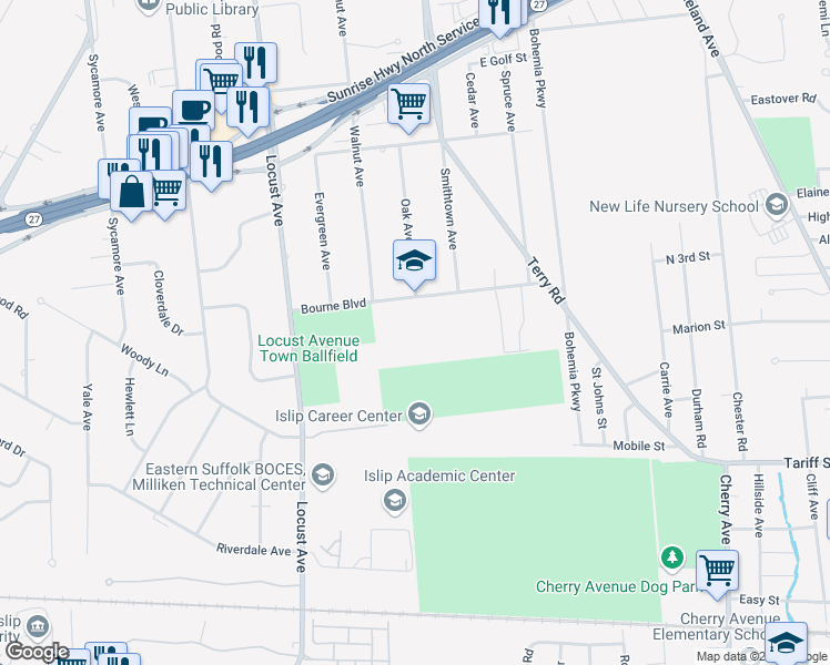 map of restaurants, bars, coffee shops, grocery stores, and more near 50 Bourne Boulevard in Oakdale