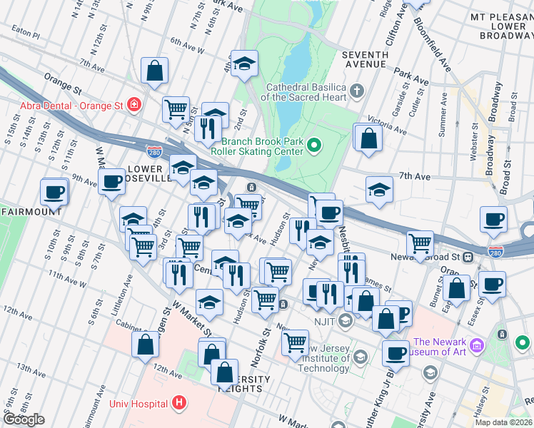 map of restaurants, bars, coffee shops, grocery stores, and more near 34 Hecker Street in Newark