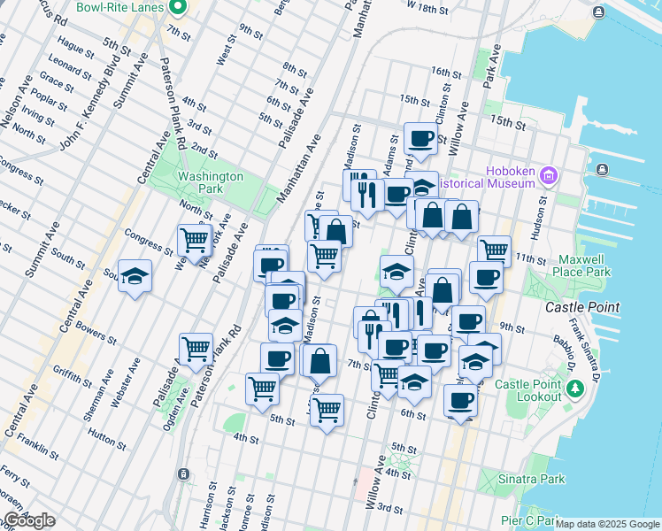 map of restaurants, bars, coffee shops, grocery stores, and more near 915 Madison Street in Hoboken