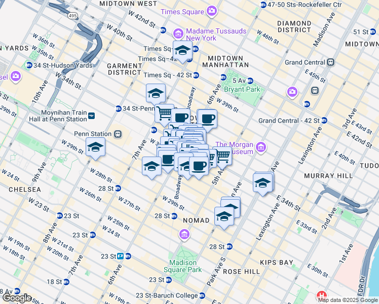 map of restaurants, bars, coffee shops, grocery stores, and more near 50 West 34th Street in New York
