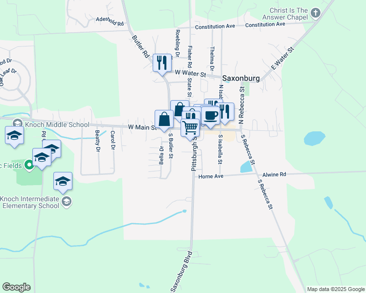 map of restaurants, bars, coffee shops, grocery stores, and more near 600 Commons of Saxonburg Court in Saxonburg