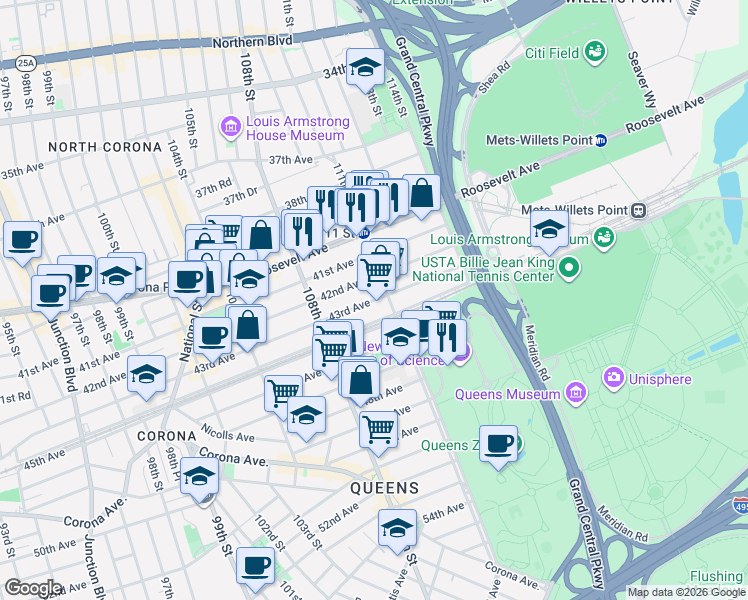 map of restaurants, bars, coffee shops, grocery stores, and more near 108-57 44th Avenue in Queens
