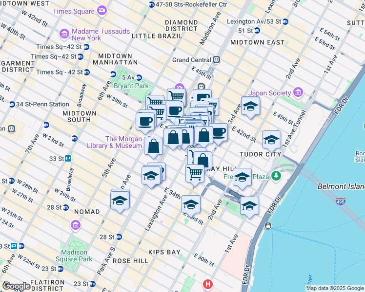 map of restaurants, bars, coffee shops, grocery stores, and more near 126 East 38th Street in New York