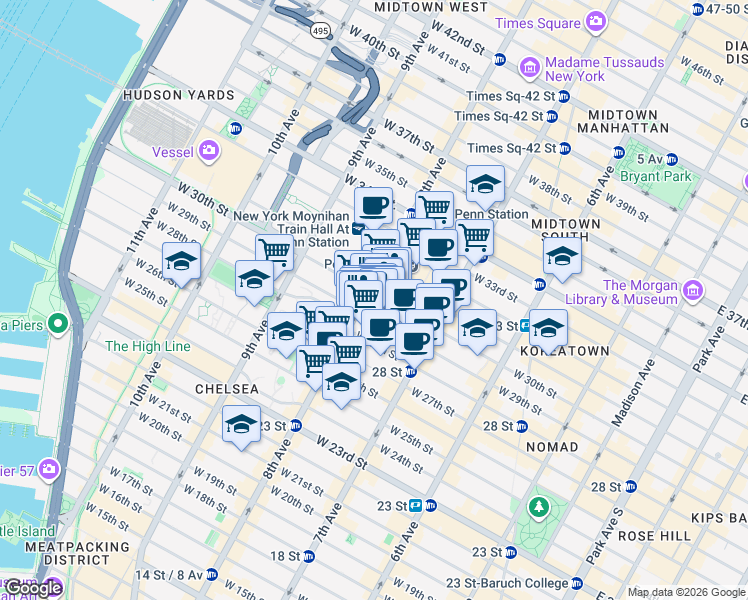 map of restaurants, bars, coffee shops, grocery stores, and more near 280 West 30th Street in New York