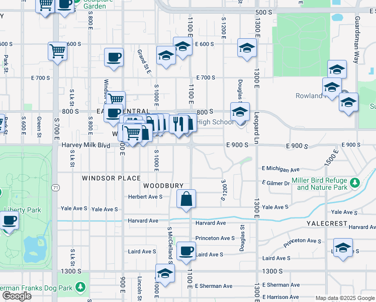 map of restaurants, bars, coffee shops, grocery stores, and more near 927 South 1100 East in Salt Lake City
