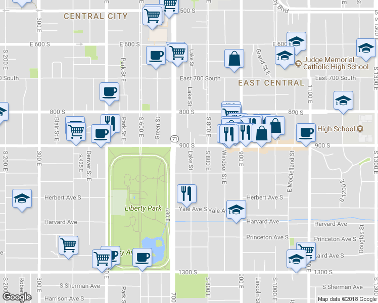 map of restaurants, bars, coffee shops, grocery stores, and more near 928 Lake Street in Salt Lake City