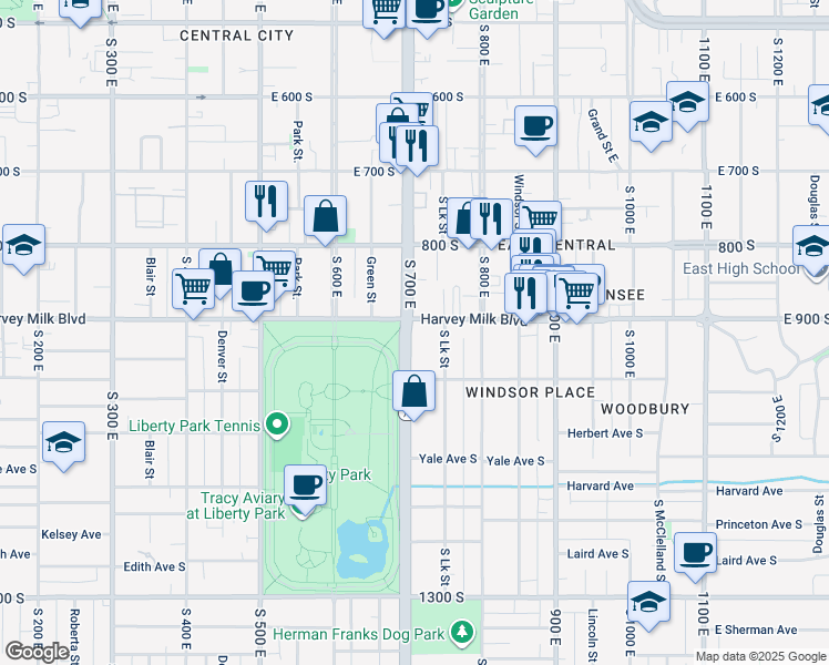 map of restaurants, bars, coffee shops, grocery stores, and more near 900 South 700 East in Salt Lake City