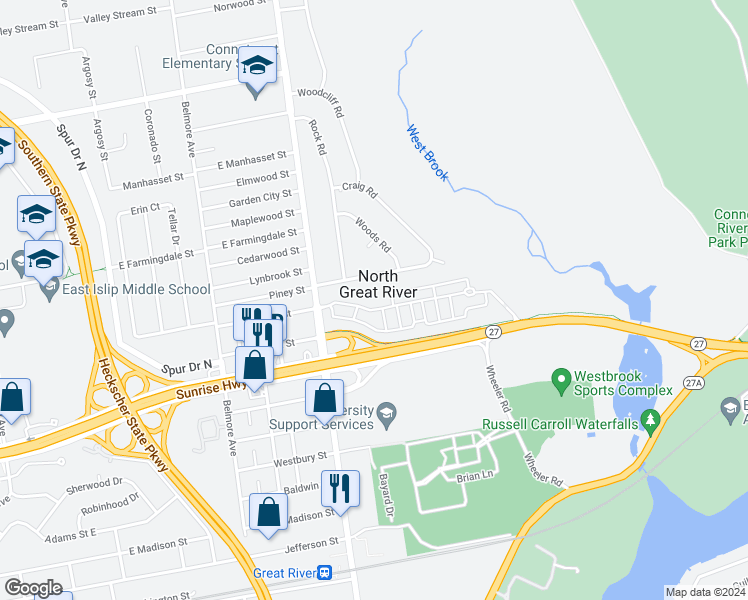 map of restaurants, bars, coffee shops, grocery stores, and more near 202 Providence Drive in North Great River