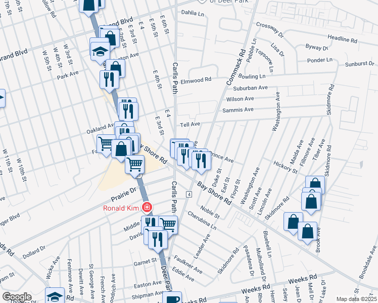 map of restaurants, bars, coffee shops, grocery stores, and more near 27 County Place in Deer Park