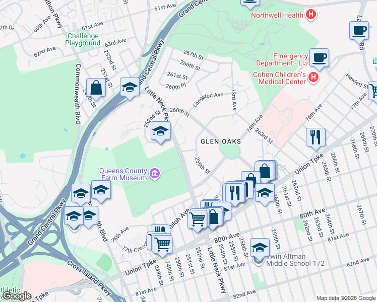 map of restaurants, bars, coffee shops, grocery stores, and more near 254-14 73rd Road in Queens