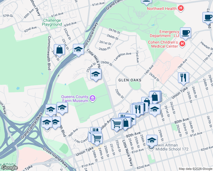 map of restaurants, bars, coffee shops, grocery stores, and more near 73- 60 Little Neck Parkway in Queens