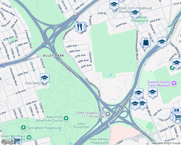 map of restaurants, bars, coffee shops, grocery stores, and more near 71-12 242nd Street in Queens