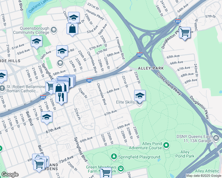 map of restaurants, bars, coffee shops, grocery stores, and more near 228-12 64th Avenue in Queens