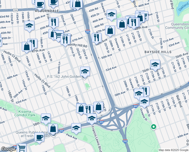map of restaurants, bars, coffee shops, grocery stores, and more near 53-11 202nd Street in Queens