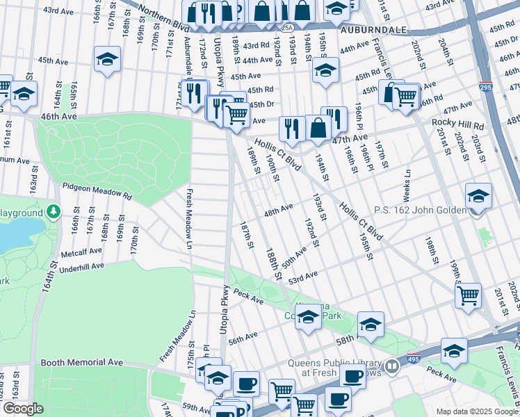 map of restaurants, bars, coffee shops, grocery stores, and more near 47-58 188th Street in Queens